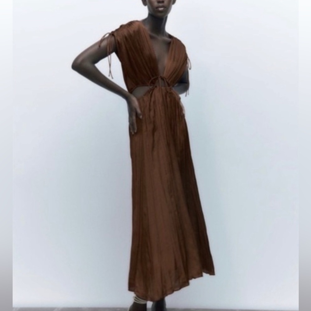 ZARA BROWN SATIN EFFECT DRESS